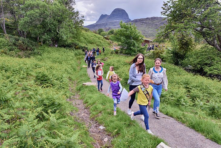 Assynt Brownies and Rainbows and Lochinver Wildlife Watch lead the first guided walk of the nature trail. ©Chris Puddephatt