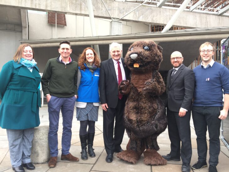 Bruce the beaver and representatives from organisations including the Trust welcoming John Finnie as Species Champion for beaver © Rory Syme
