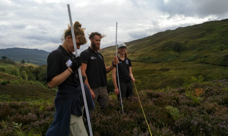 The Perthshire ranger team surveying for natural tree regeneration at Dùn Coillich community woodland © Sara Rasmussen