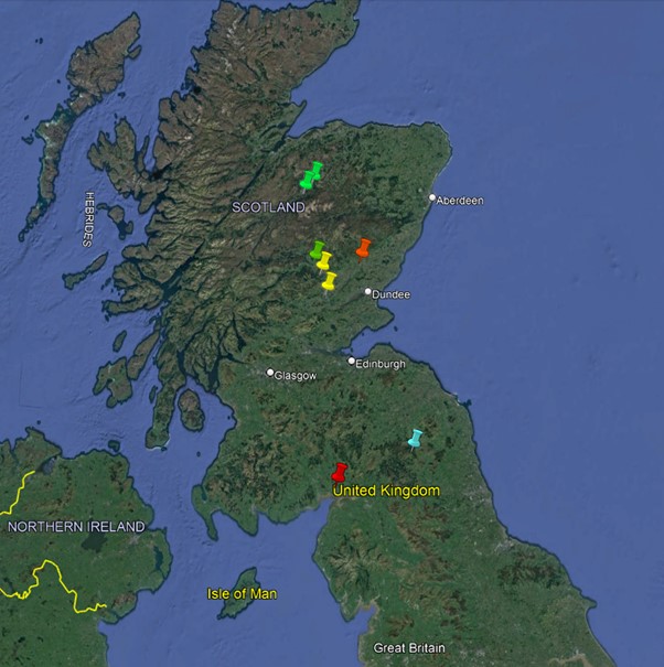 A map of Scotland, displaying nesting sites where Lowes ospreys have been spotted 