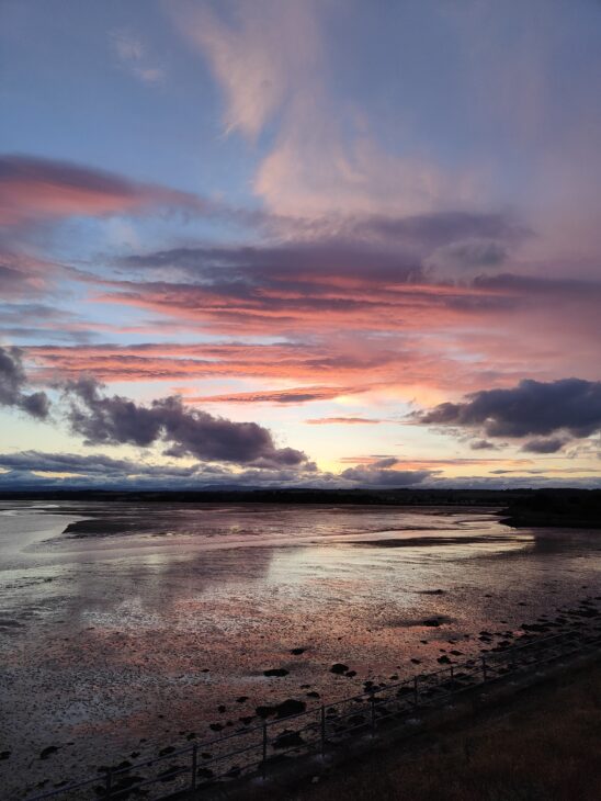 Pink clouds and reflections in the mudflats as the sun sets over Montrose Basin.