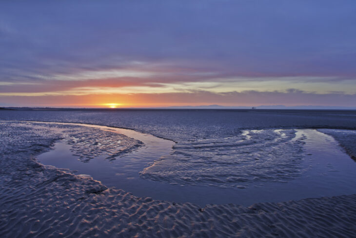 A large bed of mudflats, with the sun setting behind the sea on the horizon.