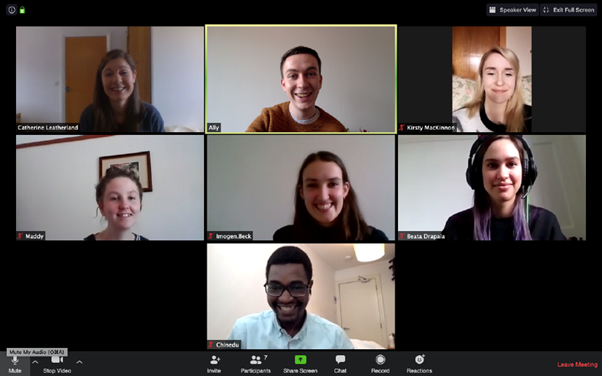 A screenshot of a Zoom meeting showing seven of the Scottish Willdlife Trust's Young Leaders. The screenshot was taken during the COVID-19 lockdown in 2020.