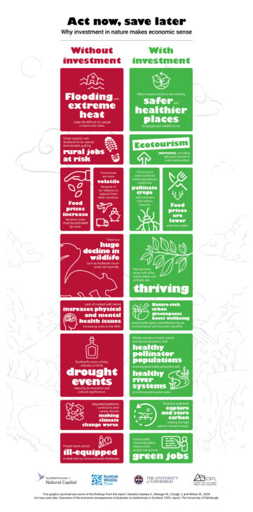 An infographic titled: “Act now, save later – Why investment in nature makes economic sense” There are two columns – on the left are icons and text explaining what could happen if there is no investment in nature and on the right are icons explaining what could happen if there is investment in nature. The left column shows: 1. A house caught in a flood, alongside text reading, “Flooding and extreme heat make life difficult for people in towns and cities”. 2. A boot print, alongside text reading, “Fewer tourists visit Scotland for its natural environment, putting rural jobs at risk”. 3. A hand dropping seeds, alongside text reading, “Food prices increase because crops must be pollinated by hand.” 4. A plane, a ship and a lorry, alongside text reading, “Food prices are more volatile because of our reliance on imports from other countries”. 5. A red squirrel, alongside text reading, “There is a huge decline in wildlife such as Scotland’s much-loved red squirrels. 6. A person with messy lines where their brain would be, alongside text reading, “Lack of contact with nature increases physical and mental health issues, increasing costs to the NHS”. 7. A bottle of whisky, alongside text reading, “Scotland’s iconic whisky industry is hit by drought events reducing its economic and cultural significance.” 8. Clouds marked CO2, alongside text reading, “Degraded peatlands continue to emit carbon dioxide, making climate change worse”. 9. A person rolling a ball with a question mark on it uphill, alongside text reading, “People leave school ill-equipped to deal with our environmental challenges”. The right column shows: 1. A leaf sprouting with a circular arrow around it, alongside text reading, “Nature-based solutions are creating safer and healthier places for people and wildlife to live”. 2. An upwards arrow, alongside text reading, “Ecotourism increases, providing jobs and a boost to rural communities”. 3. An insect, alongside text reading, “Thriving and well-monitored insect populations continue to pollinate crops with minimum intervention required”. 4. A knife and fork alongside downward arrows, with text reading, “Food prices are lower and more stable”. 5. A tree branch alongside text reading, “Red squirrels along with other native plants and animals are thriving”. 6. A landscape of trees, rivers and mountains, alongside text reading, “Nature-rich urban greenspaces boost wellbeing and provide highly cost-effective social, environmental and economic benefits”. 7. A winding river alongside text reading, “Whisky remains a major export and tourist attraction with healthy pollinator populations ensuring good barley production and healthy river systems providing good quality water”. 8. Peatland and hills alongside text reading, “Restored peatlands capture and store carbon, helping the fight against climate change”. 9. A person delivering a presentation, alongside text reading, “Good quality nature education means more people can pursue green jobs”. 