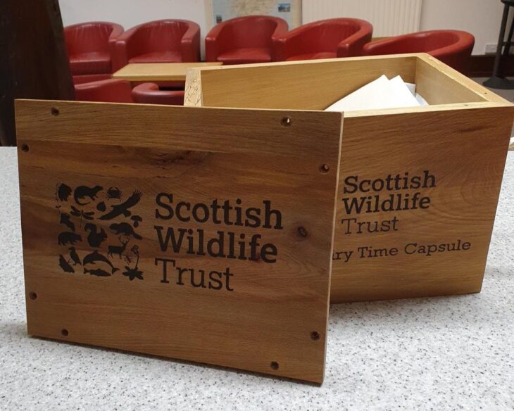 A wooden box with its lid removed. The Scottish Wildlife Trust logo is engraved on the lid.