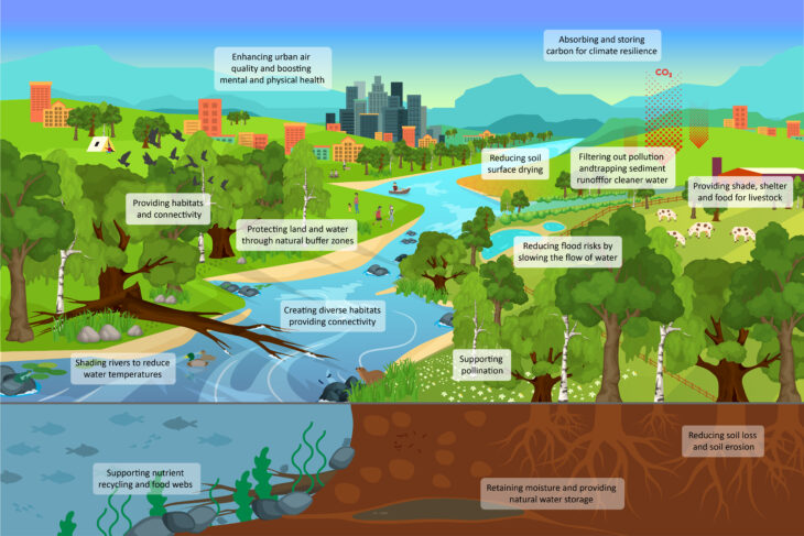 A diagram showing a winding river surrounded by trees, agricultural land, urban areas and recreational facilities.