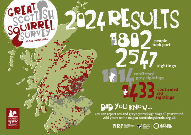 A map of Scotland, showing where red and grey squirrels were spotted during the 2024 Great Scottish Squirrel Survey. There is text which reads, "Did you know you can report red and grey squirrel sightings all year round. Add yours to the map at scottishsquirrels.org.uk