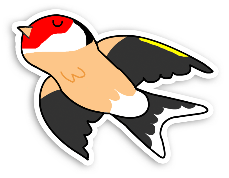Coloured icon of a goldfinch flying