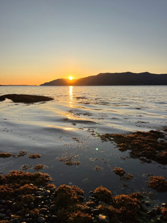 A photo of the sunsetting over distant hills and the coast of Scotland. Closer to the camera there are small waves and the edges of seaweed poking out from the water.