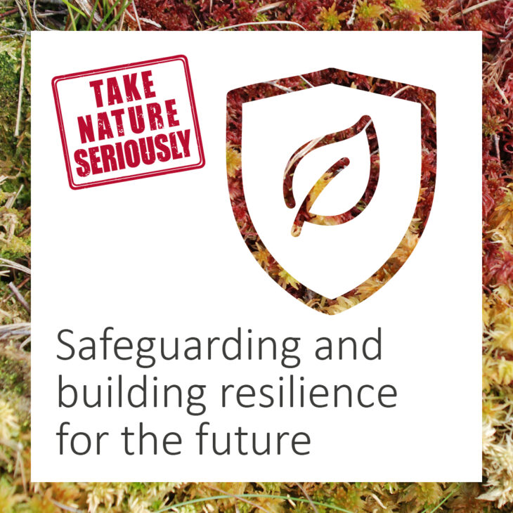 An image of sphagnum moss with a graphic in front of it. The graphic has an image of a leaf on a shield and reads, "Take Nature Seriously: Safeguarding and building resilience for the future.