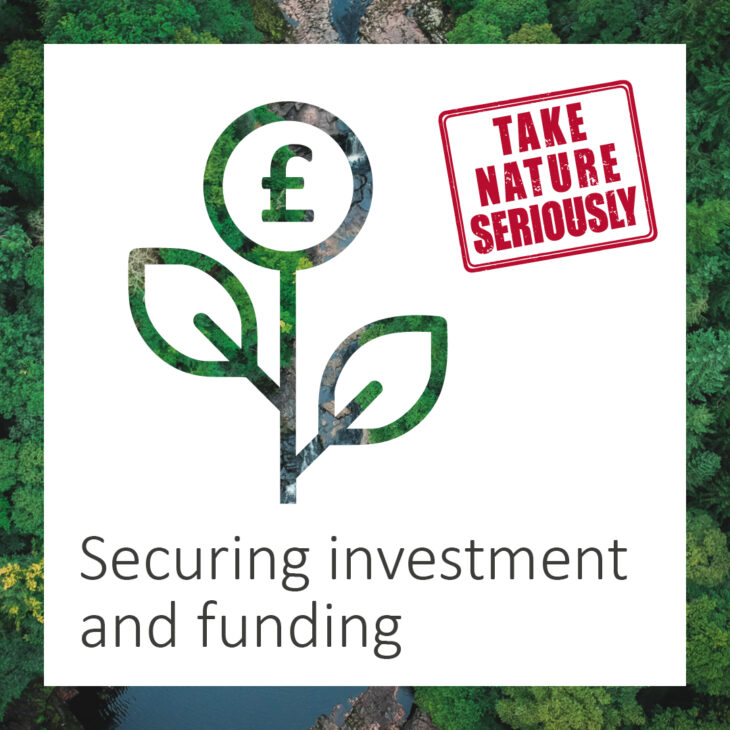 A birds-eye view of a river surrounded by woodland. There is a graphic in front showing an icon of a flower with a pound symbol on its head and text which reads, "Take Nature Seriously: Securing investment and funding".