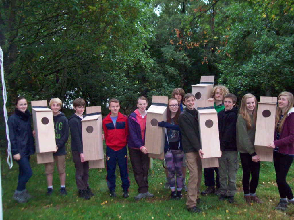 Pitlochry High Junior Rangers with  Goldeneye nest boxes they made