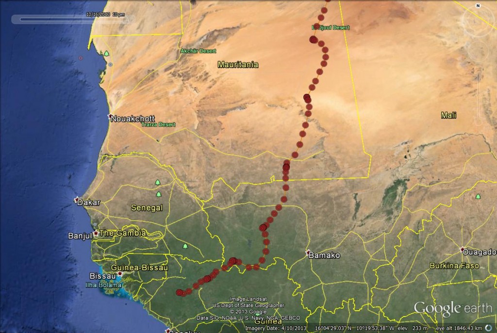 Blue YZ's position as of the evening of the 16th October- copyright SWT