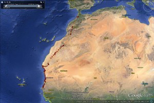 Overview of Blue Yd's journey northwards so far- to 4th May- copyright SWT