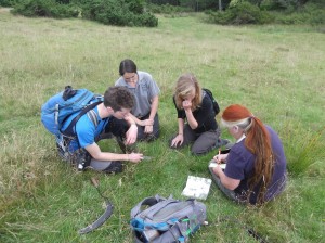 Residential Volunteers learning survey skills with the Ranger