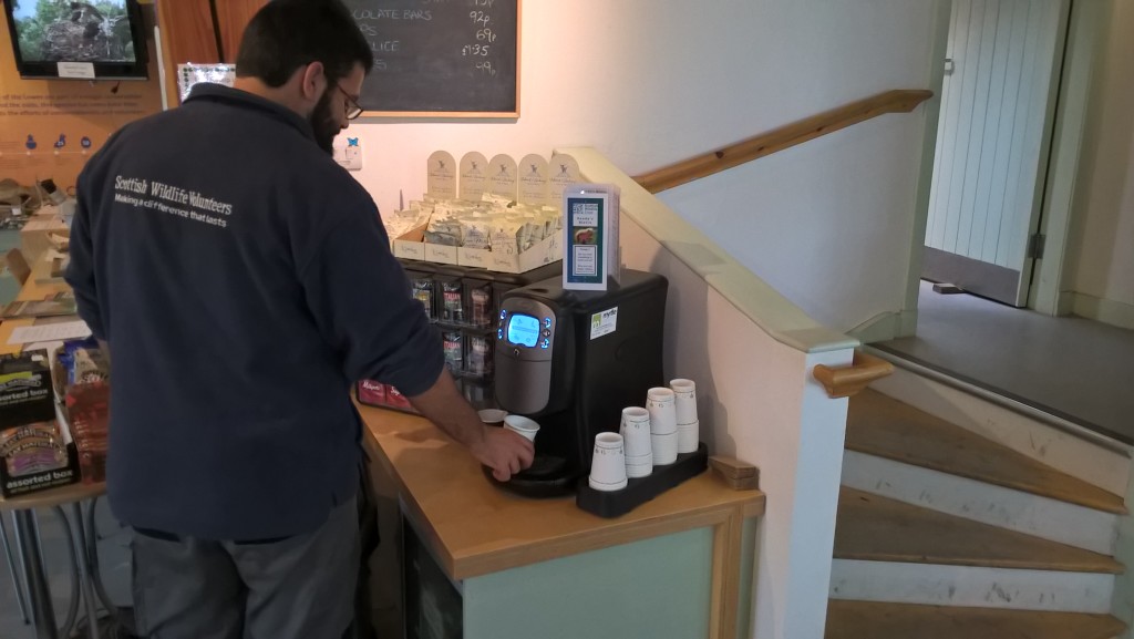 Chris helping himself to a hot drink in one of our new compostable paper cups ©Scottish Wildlife Trust