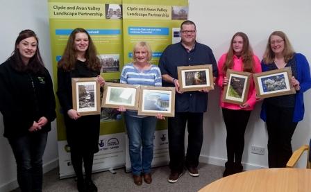 Spring winners collect their prizes, (L-R) Sarah O’Sullivan, CAVLP Communications Officer, Charlotte Edgar, Alison Alder, Bryan Frame, Lucy West, Susan West (c) Clyde and Avon Valley  Landscape Partnership